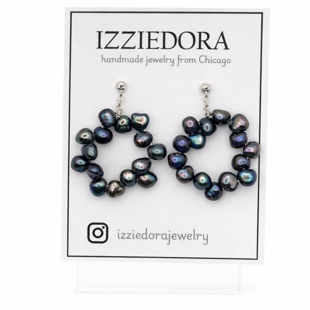 Sterling Silver Iridescent Peacock Pearl Hoop Stud Earrings
